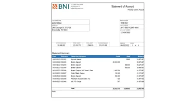 USA Texas BNI Bank Account Statement Word And PDF Template
