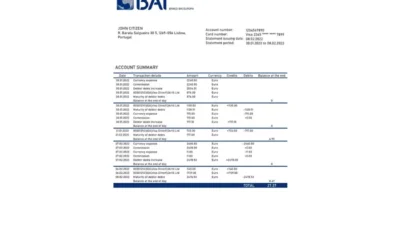 Portugal Banco BAI Europa Bank Statement Word and PDF Template