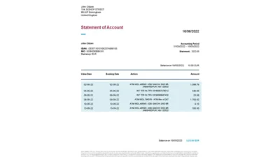 United Kingdom Bitwala Bank Statement Word and PDF Template