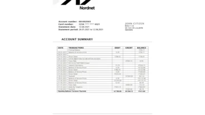 Sweden Nordnet AB bank Statement Word And PDF Template