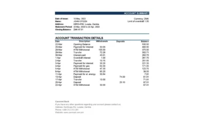 Zambia Cavmont Bank Statement Excel And PDF Template