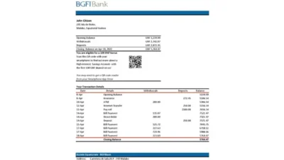 Equatorial Guinea BGFI Bank Statement Excel and PDF template