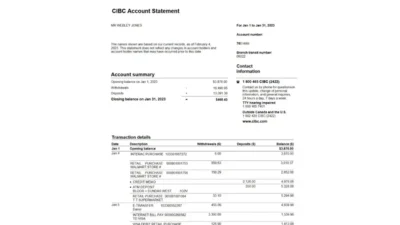 Canada CIBC Bank Statement Template 2023