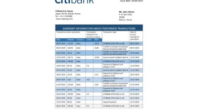 Kenya Citibank Bank Statement Template