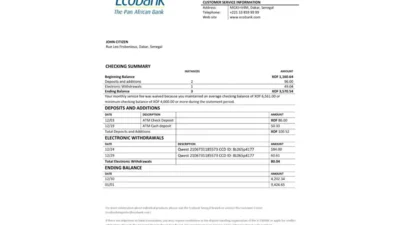 Senegal Ecobank bank Statement Template In Word And PDF Format