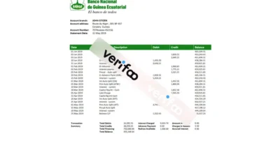 Ecuador Banco Bolivariano bank statement easy to fill template