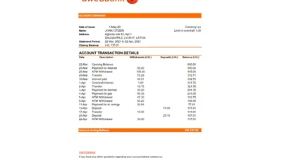 Latvia Swedbank bank statement easy to fill Word And PDF template