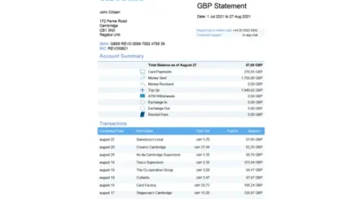 United Kingdom Revolut bank statement template in Word and PDF format