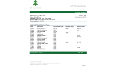 South Sudan Eden Commercial Bank Bank Statement Word And PDF Template