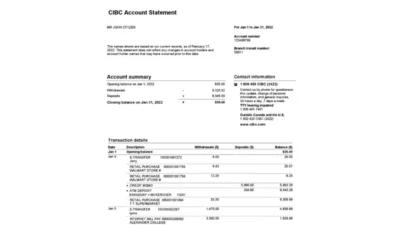 USA CIBC Bank Statement Word And PDF Template (4 pages)