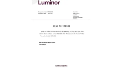 Estonia Luminor Bank Reference Letter Template