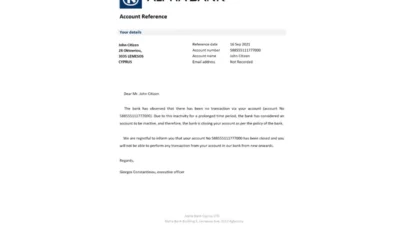 Cyprus Alpha Bank Reference Letter Template