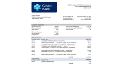 Liberia Global Bank statement template in Word and PDF format