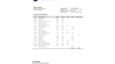 Montenegro NLB bank statement template, Word and PDF format