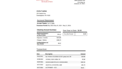 US Synovus Checking Account Statement Template in word and pdf format