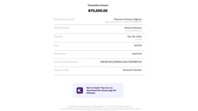 Nigeria Opay Transfer Receipt Template in Word and PDF Format