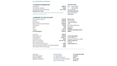 Uzbekistan Aloqabank Bank Statement Template