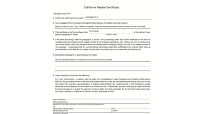 California General Resale Certificate Template in word and pdf format
