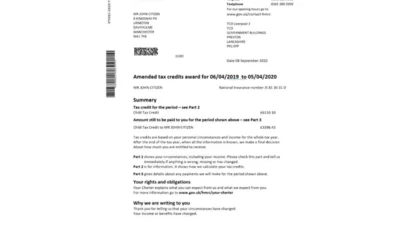 United Kingdom HM Revenue & Customs Tax Credits Award Statement Word And PDF Template
