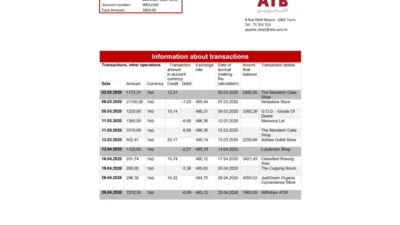 Tunisia ATB Bank Statement Template