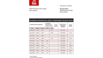 Maldives Bank of Maldives Bank Statement Template