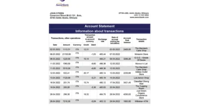 Ethiopia Awash Bank statement template