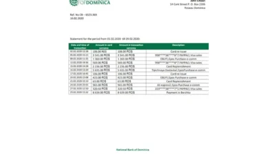 Dominica National Bank of Dominica bank statement template