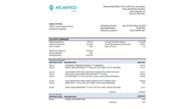 Namibia Atlantico bank statement template in Word and PDF format