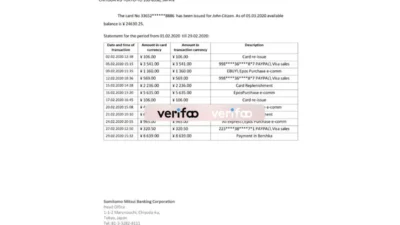 Japan Sumitomo Mitsui Banking Corporation SMBC Bank Statement Word and PDF Template