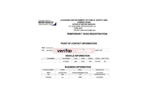 Louisiana TEMPORARY Car Title Certificate Template in Word and PDF Format