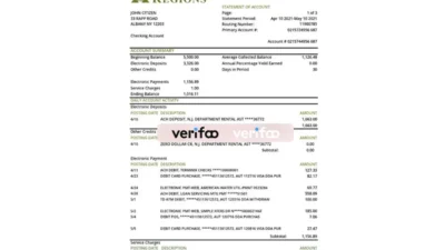 USA Regions Bank Statement Excel And PDF Template
