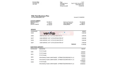 USA Fifth Third Bank Statement Word And PDF Template (2 Pages)