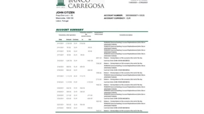 Portugal Banco Carregosa Bank Statement Excel and PDF Template