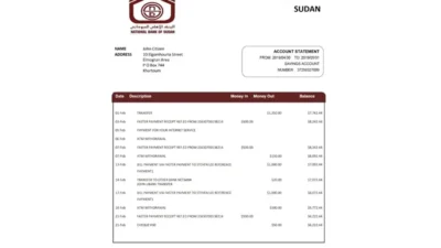 Sudan National Bank of Sudan Bank Statement Template