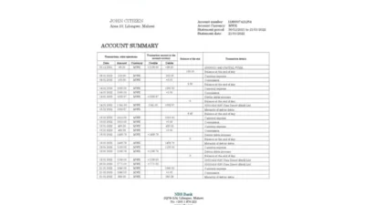 Malawi NBS Bank Statement Template