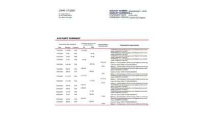 Poland Bank Pekao S.A bank statement template