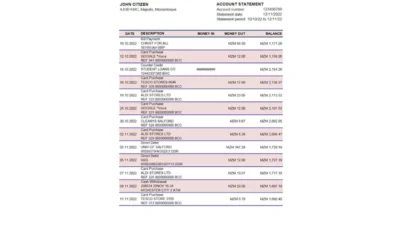 Mozambique Moza bank statement template