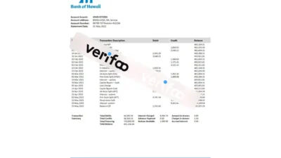 Samoa Bank of Hawaii bank proof of address statement template