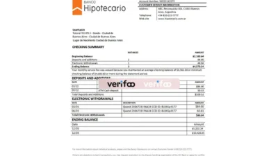 Argentina Banco Hipotecario Bank Statement Template in word and pdf format