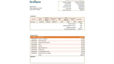 USA SunTrust Bank Statement Word And PDF Template Version 2