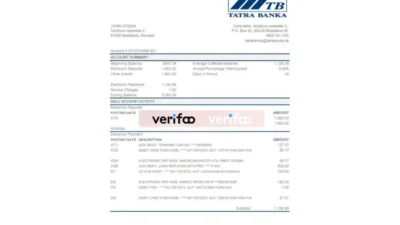 Slovakia Tatra Bank Statement Template
