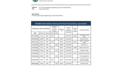 South Korea Shinhan Bank Statement Template
