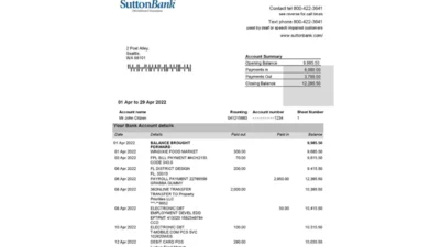 USA Sutton Bank Statement Word And PDF Template (2 pages)