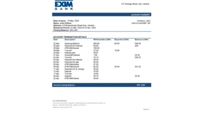Ukraine Ukreximbank Bank Statement Word And PDF Template