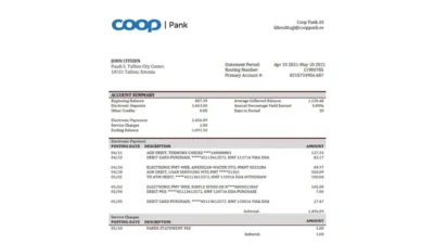 Estonia Coop Pank bank statement template