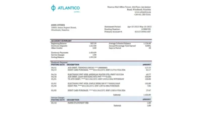 Namibia Atlantico bank statement template in Word and PDF format