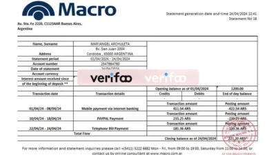 Argentina Banco Macro S.A. banking statement template in Excel Format