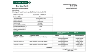 Sri Lanka Amana Bank Statement Template