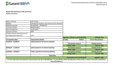 Romania Garanti BBVA Bank Statement Excel And PDF Template
