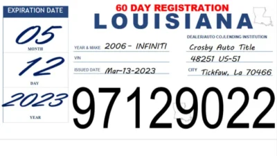 Louisiana TEMPORARY Car Title Certificate Template in Word and PDF Format